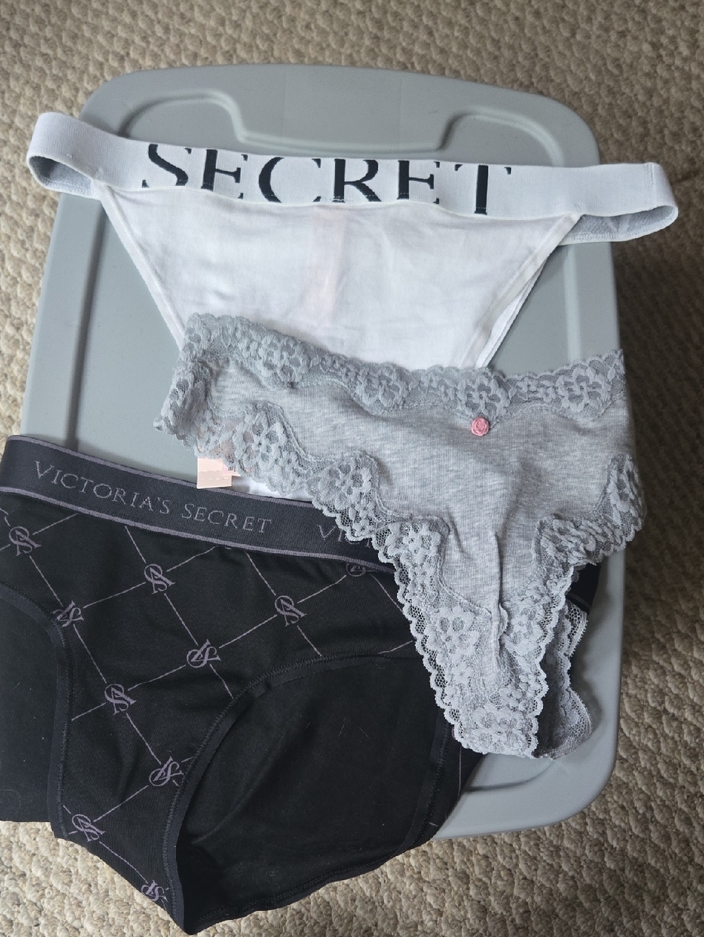 Victoria's Secret White Elastic-Waist Thong & Gray Lace Panty Trio